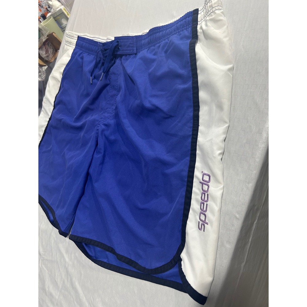 Speedo Mens Blue White Colorblock Swim Trunks Board Shorts Drawstring Waist